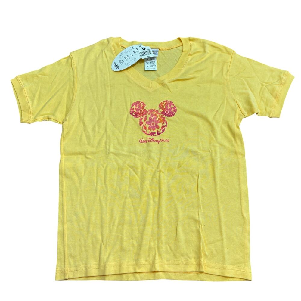 Rare Vintage Disney Floral Glitter Hawaiian Mickey Head T Shirt NWT Yellow Small